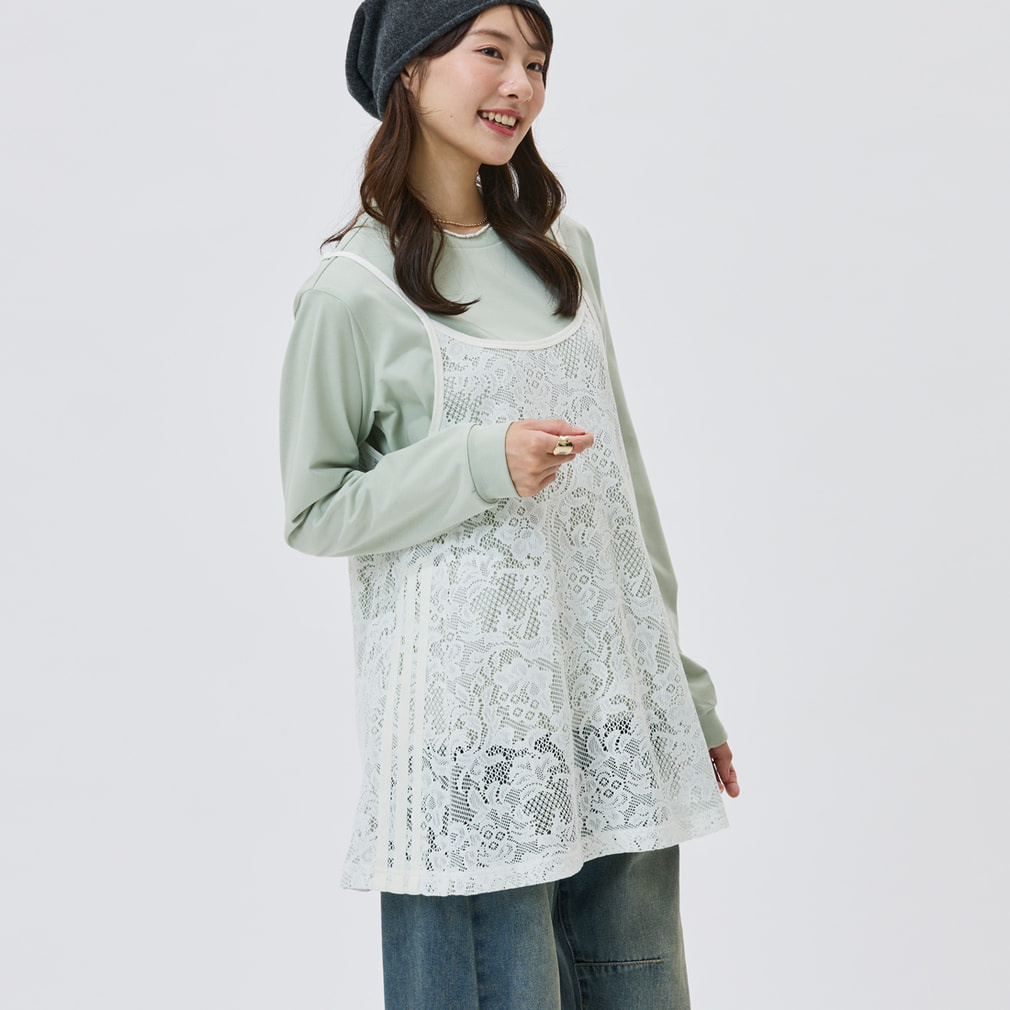 【Kep1er ヒュニンバヒエさん着用】 PRISM COLLECTION レースチュニック&長袖Tシャツ セット(スモークグリーン×オフホワイト-S)