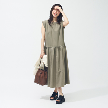SUMMER ウーブンミックス ロングドレス(カーキ-M　レディス)