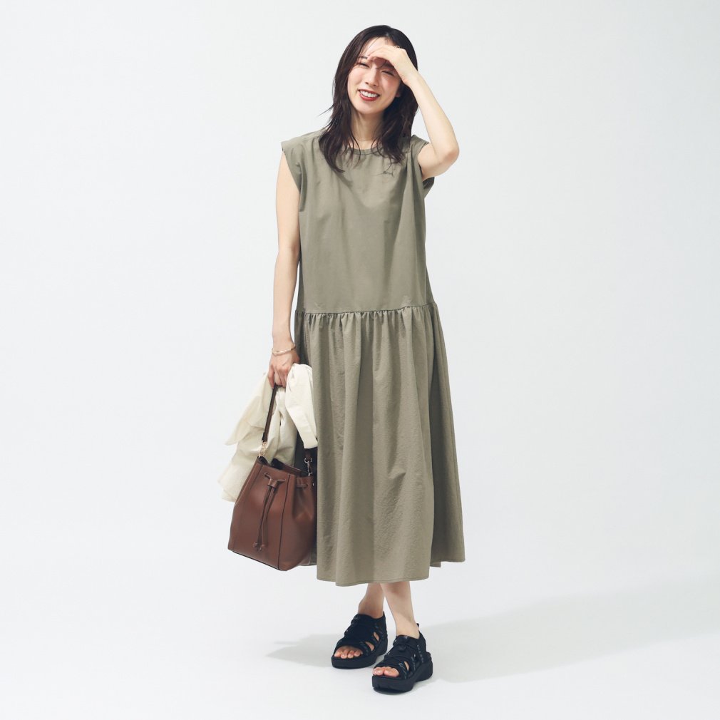 SUMMER ウーブンミックス ロングドレス(カーキ-M　レディス)