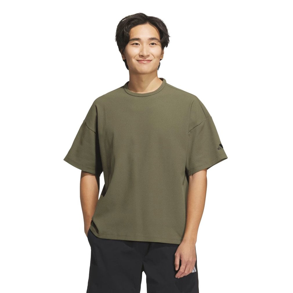 ルーズフィット ワッフルファブリック 半袖Tシャツ(オリーブ-S)