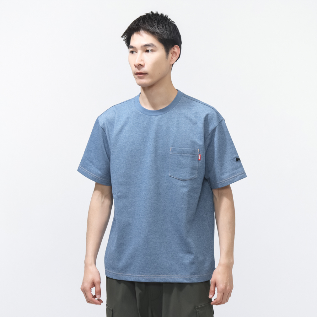 ESS ELEVATED デニム ライク SS Tシャツ(ブルー-S)