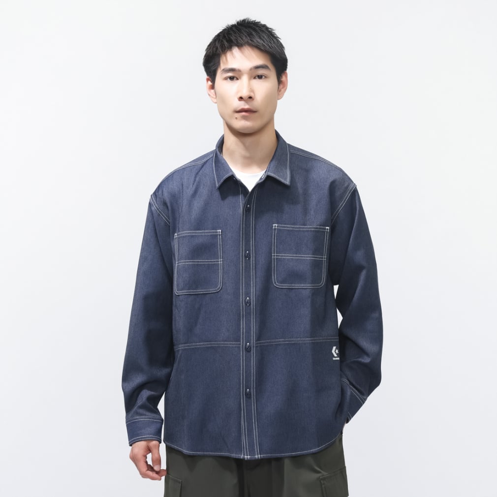 SYNTHETIC DENIM SHIRT M シンセティックデニムシャツ(ネイビー-M)