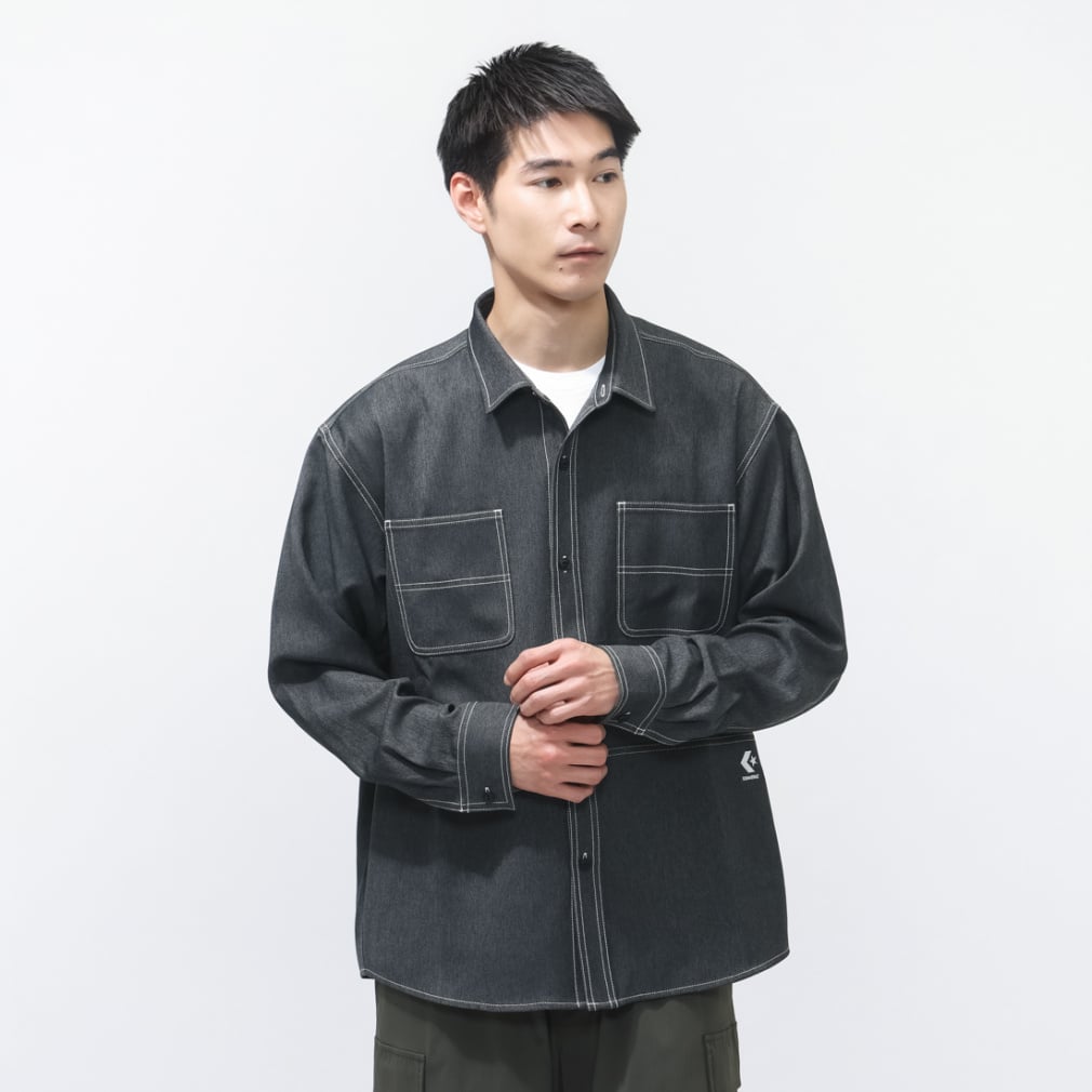 SYNTHETIC DENIM SHIRT M シンセティックデニムシャツ(ブラック-M)
