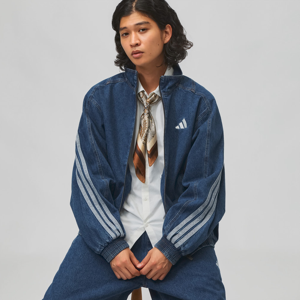  青 トラックジャケット SPORTY アディダス メンズ ウェア スタジアム ルーズフィット デニム トラック