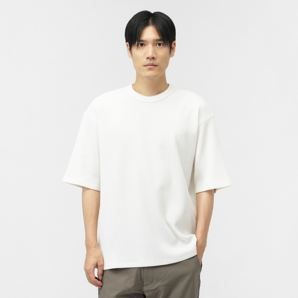ワッフル5分袖Tシャツ(オフホワイト-S)