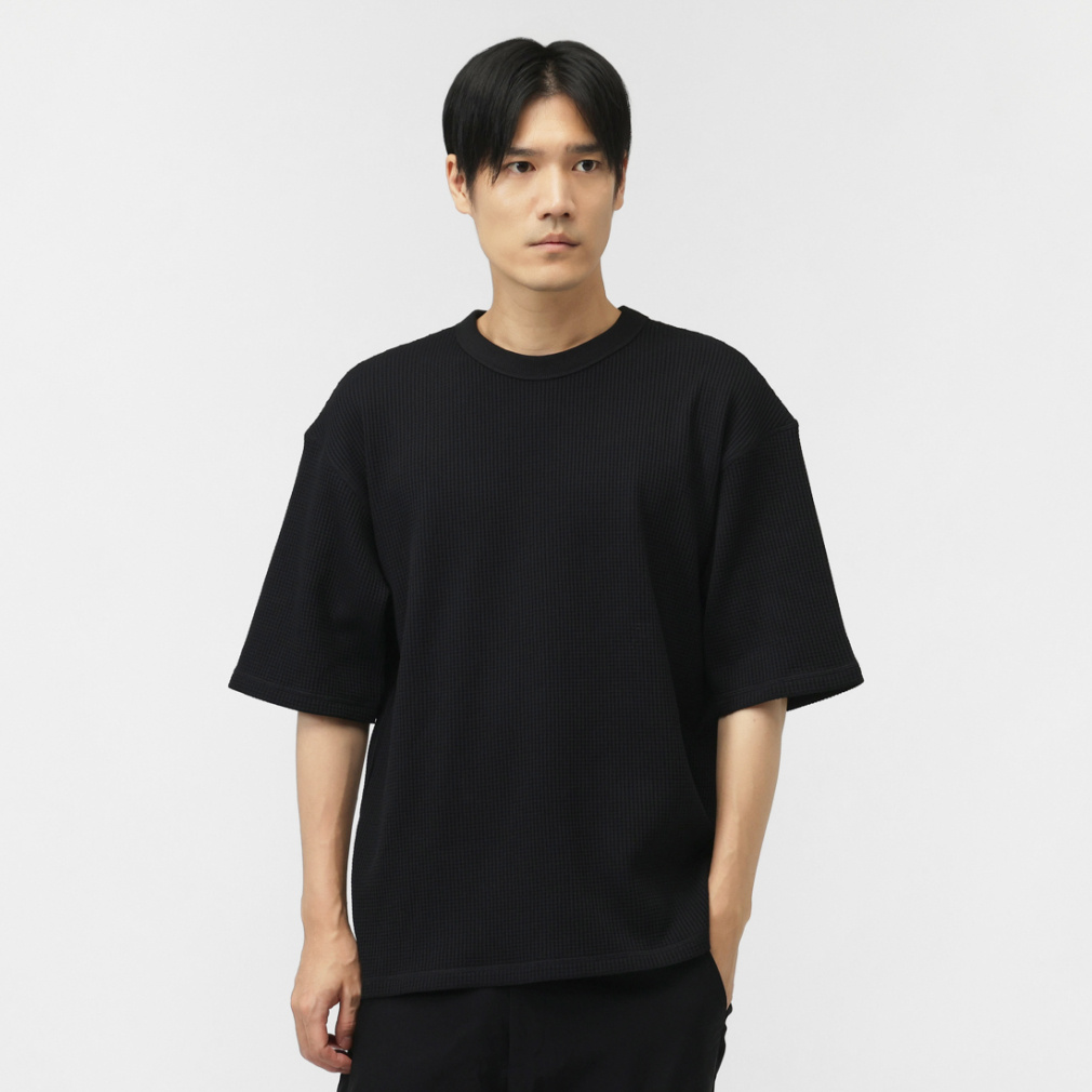 ワッフル5分袖Tシャツ(ブラック-S)