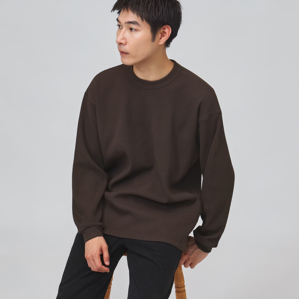 ワッフルロングTシャツ(ブラウン-S)