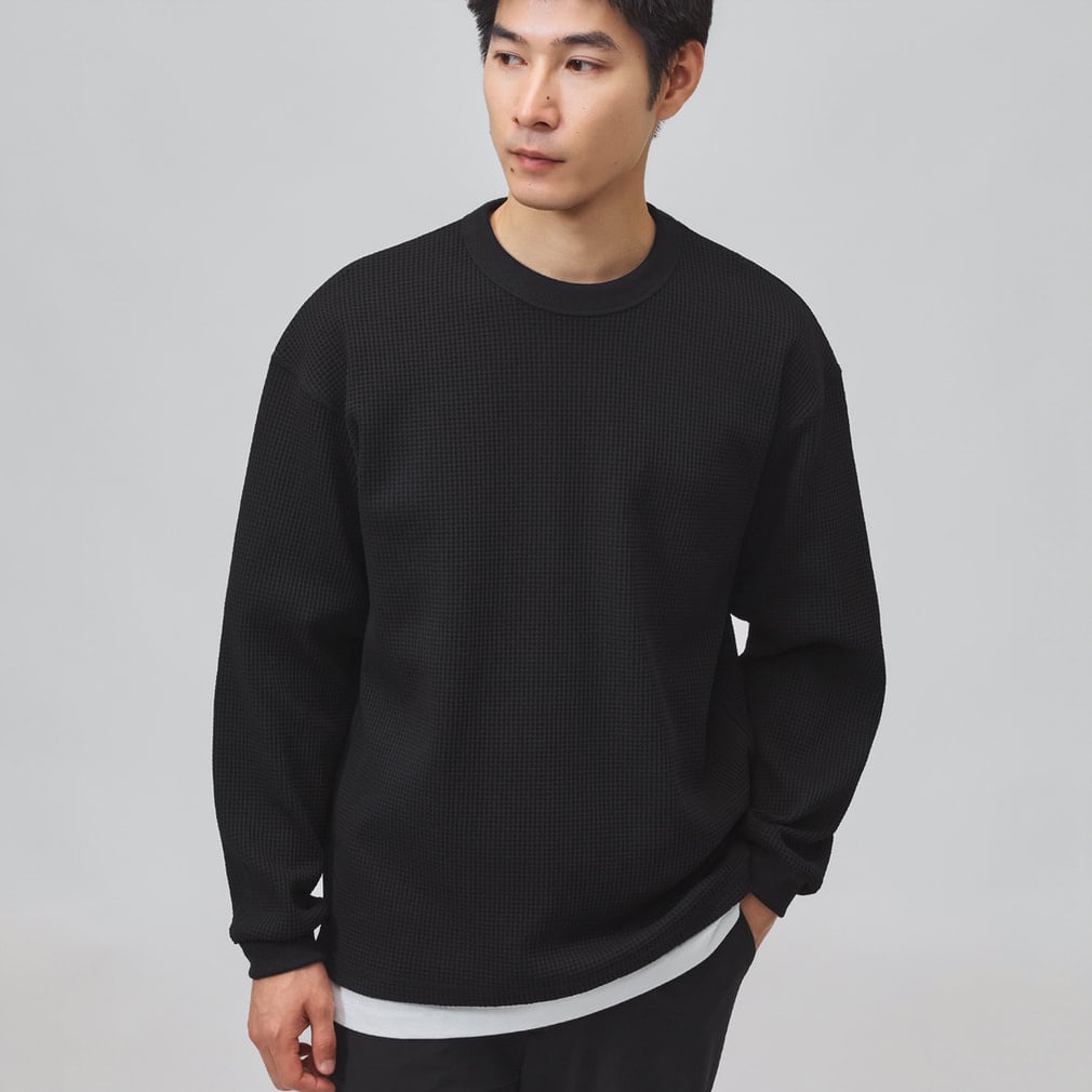 ワッフルロングTシャツ(ブラック-S)