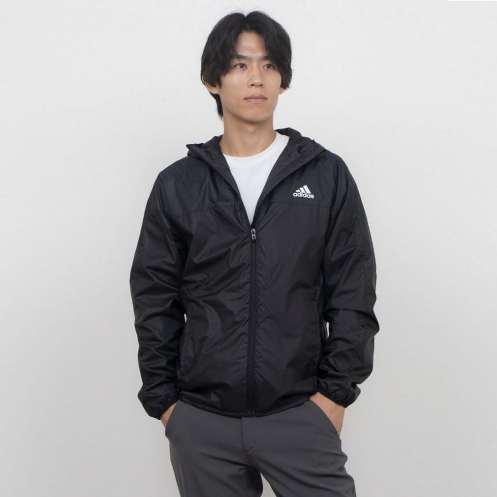 スモールロゴ レギュラーフィット WIND. RDY フード付きウインドブレーカージャケット(ブラック×ダークグレー-S)