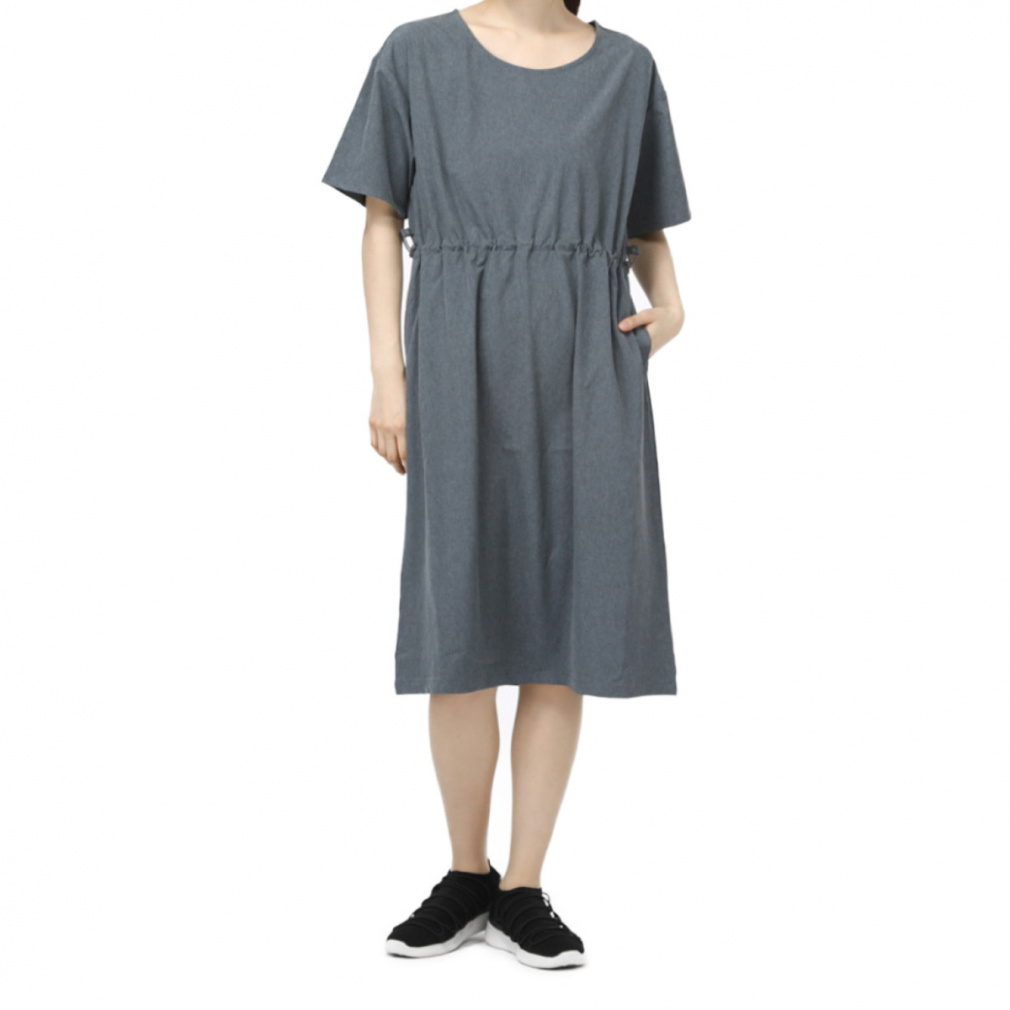 冷感ストレッチウエストギャザーワンピース(チャコールグレー-S)