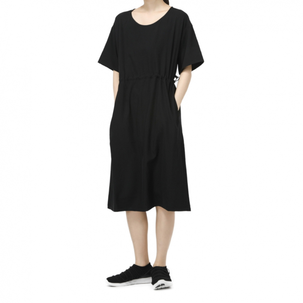 冷感ストレッチウエストギャザーワンピース(ブラック-S)