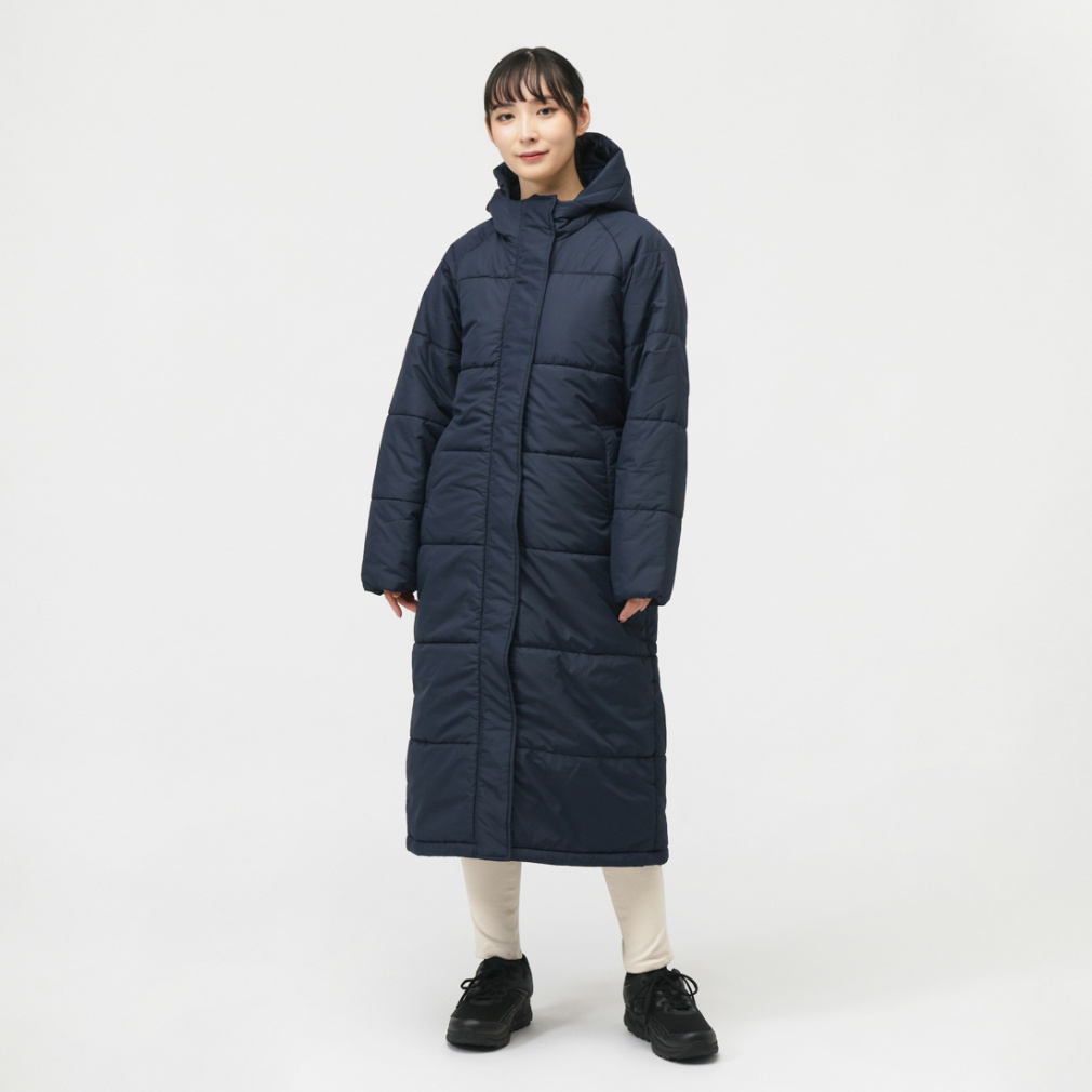 TIGORAフード付きダウンベンチコート ネイビー ティゴラ レディース ベンチコート iHEAT中綿ベンチコート TR-9A2935IC