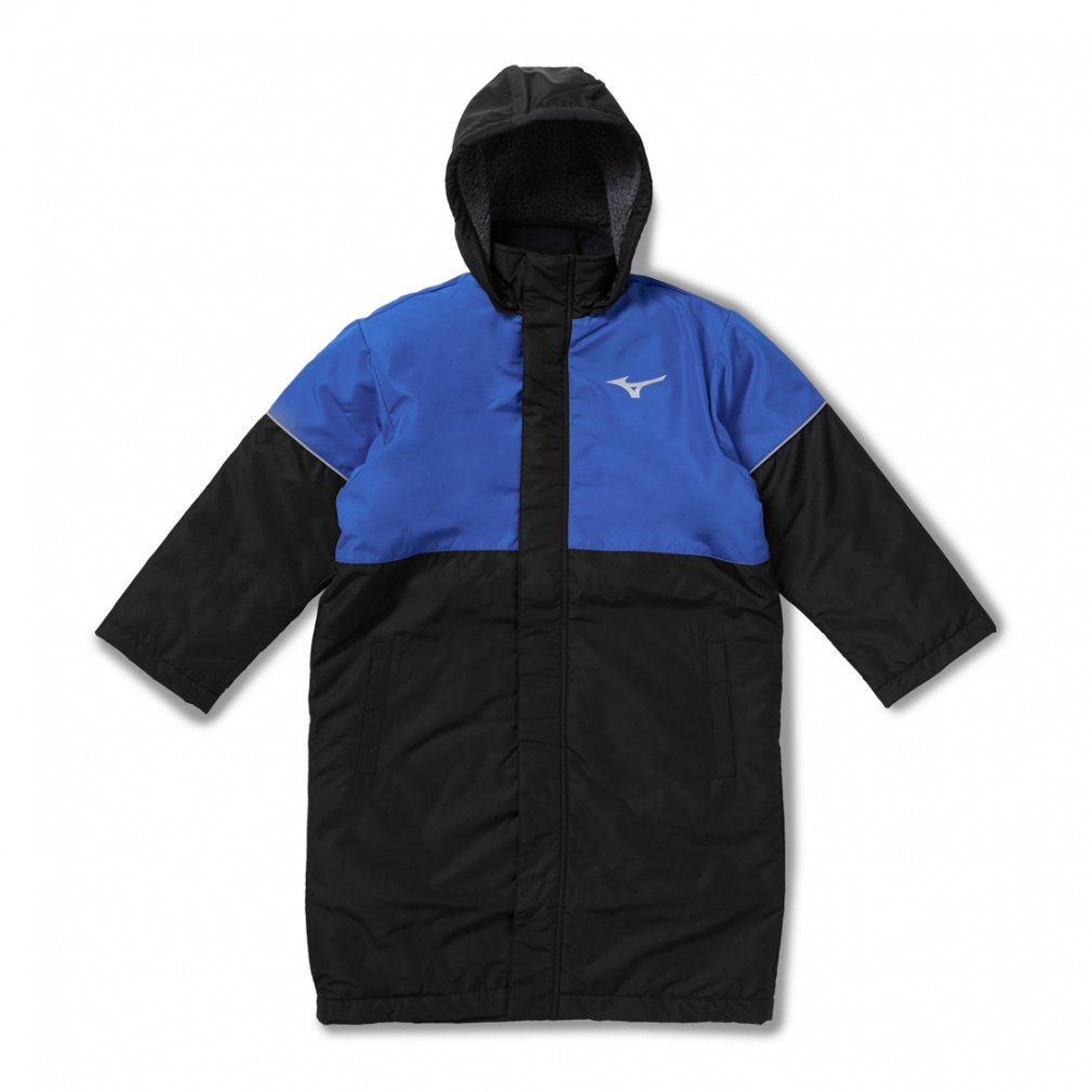ミズノ公式 ボアコート ジュニア ブラック×ブルー ジュニア ベンチコート 裏ボア アウター キッズ 130-160cm