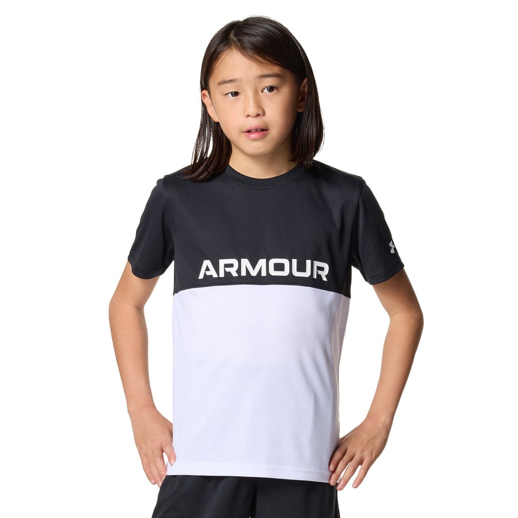 UAテック カラーブロック Tシャツ＆ショーツセット(ブラック×ホワイト-130cm)
