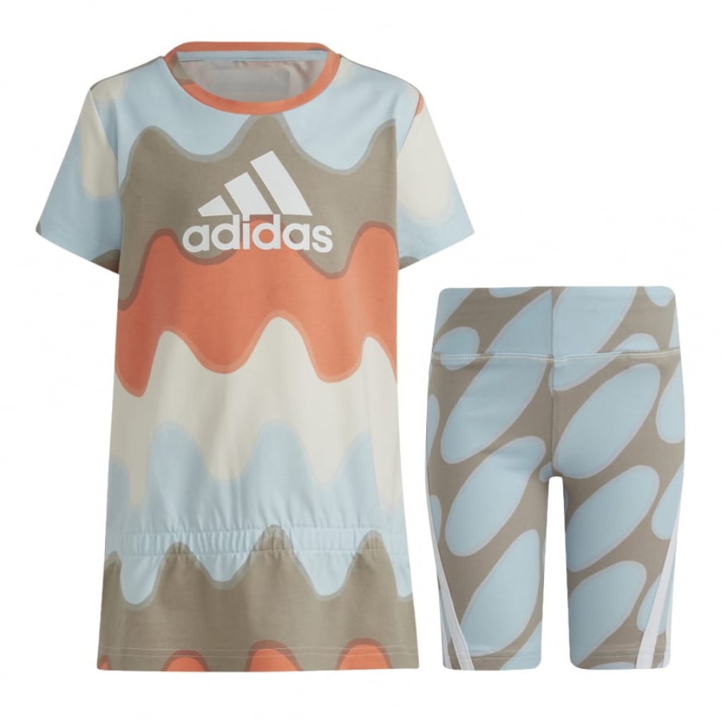 ADIDAS×MARIMEKKO 総柄プリント コットン セットアップ(ベージュ×ペールブルー-100cm)
