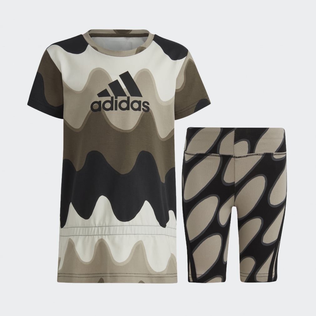 ADIDAS×MARIMEKKO 総柄プリント コットン セットアップ(ブラック×クリーム-100cm)