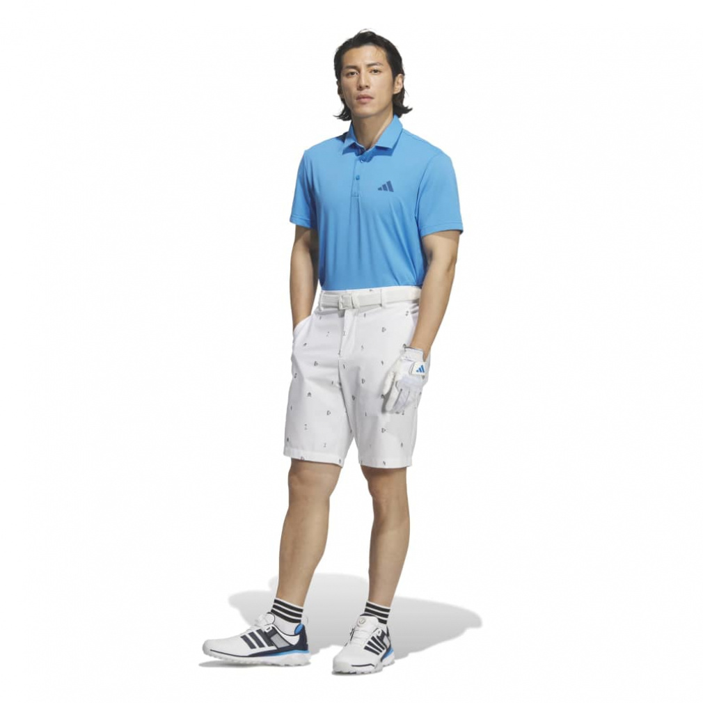 新品⛳️M アディダスゴルフ エンボス半袖シャツ＆ビッグロゴショートパンツ　青×白 アディダス ゴルフウェア 半袖シャツ 春 夏 CLIMACOOL クライマクール