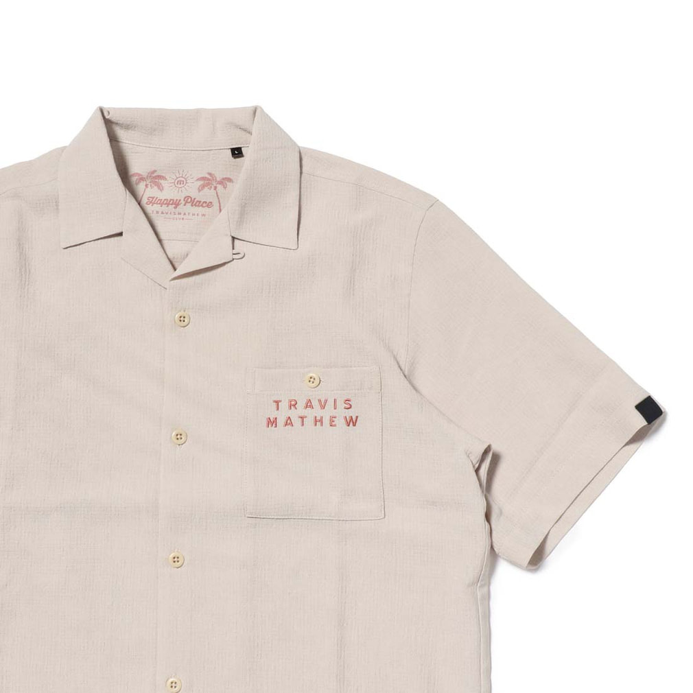 新品 TRAVIS MATHEW ベージュ プリント柄 シャツ Lサイズ トラヴィスマシュー ゴルフウェア 半袖シャツ 春 夏 半袖バック