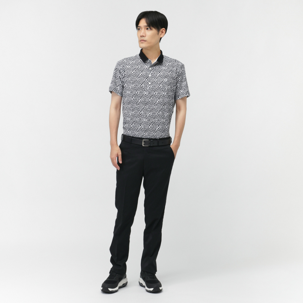 【美品】St ANDREWS SCOTLAND 半袖 ポロ ボタニカル柄 黒×白 ゴルフアパレルブランド『St ANDREWS』が華やかなゴルフウェアが揃う夏