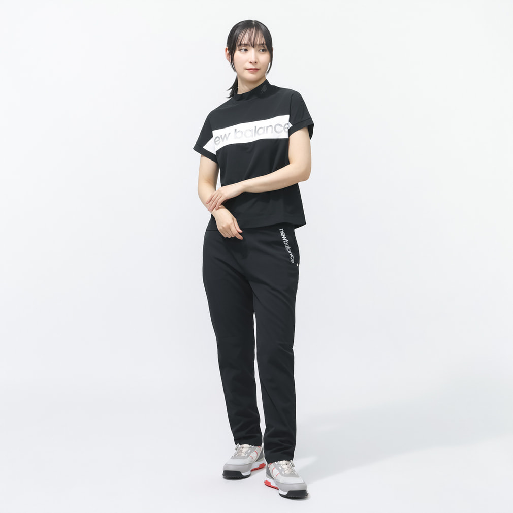 数回着NewBalanceGolf5分袖モックネック黒スカートMセットアップ春夏 ニューバランス レディース ゴルフウェア 半袖シャツ 春 夏 FRENCH