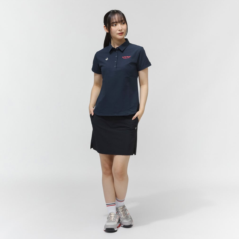 【L・ラスト1点】レディースゴルフジーフォアシャツ襟・袖口バイカラー●半袖 ルコックスポルティフ ゴルフ レディース ゴルフウェア 半袖シャツ 春
