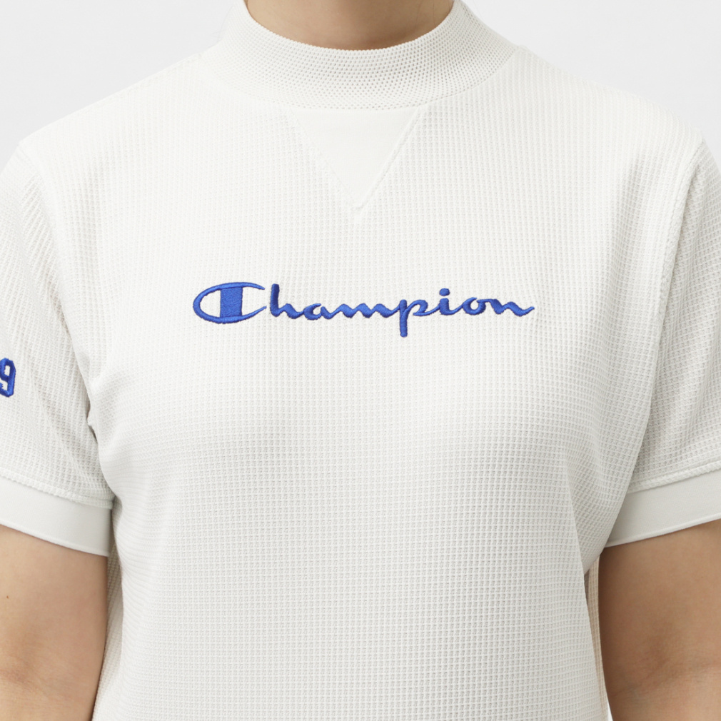 【新品タグ付き】Champion リブ編み ホワイトモックネックシャツ MOCK NECK SHIRT ショートスリーブモックネックシャツ(遮熱・UV