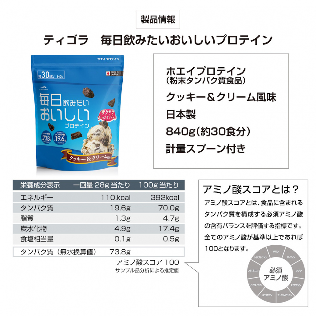 ティゴラ 毎日飲みたいおいしいプロテイン クッキー&クリーム風味