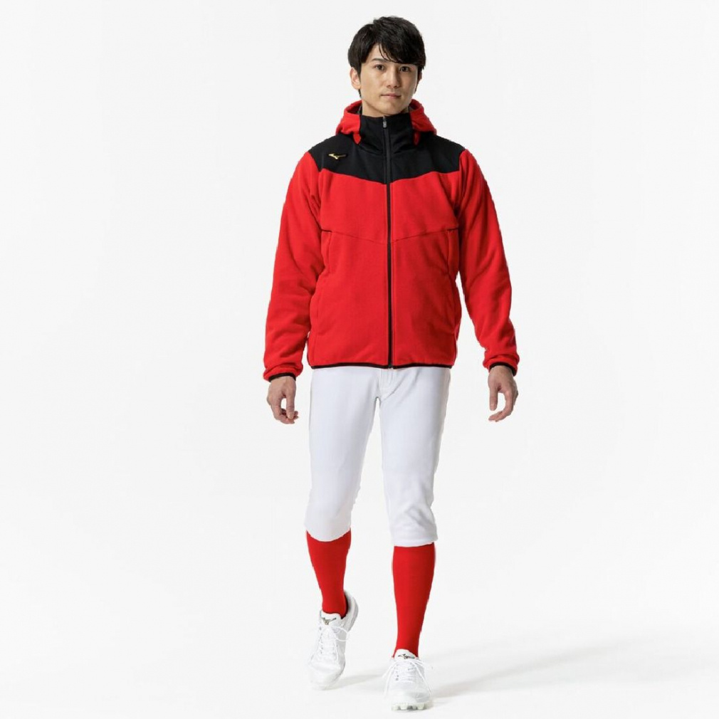 KENSHO ABE 赤 フード付き上下 ミズノ メンズ 野球 長袖ウインドブレーカー フリースフーディ(厚手