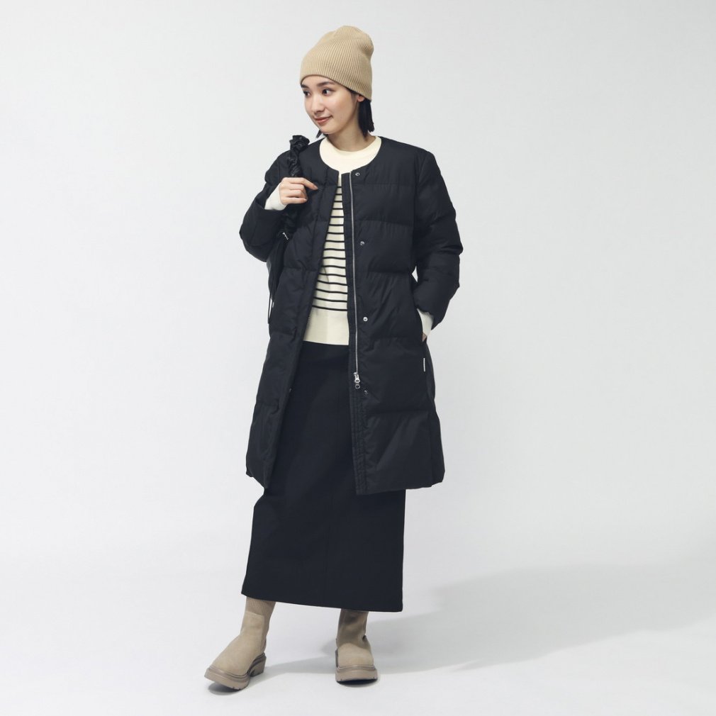 ドラッグストアーズ★ノーカラー中わた入りコート★ブラック ティゴラ レディース 中綿ジャケット アルミ蓄熱パデットノーカラー