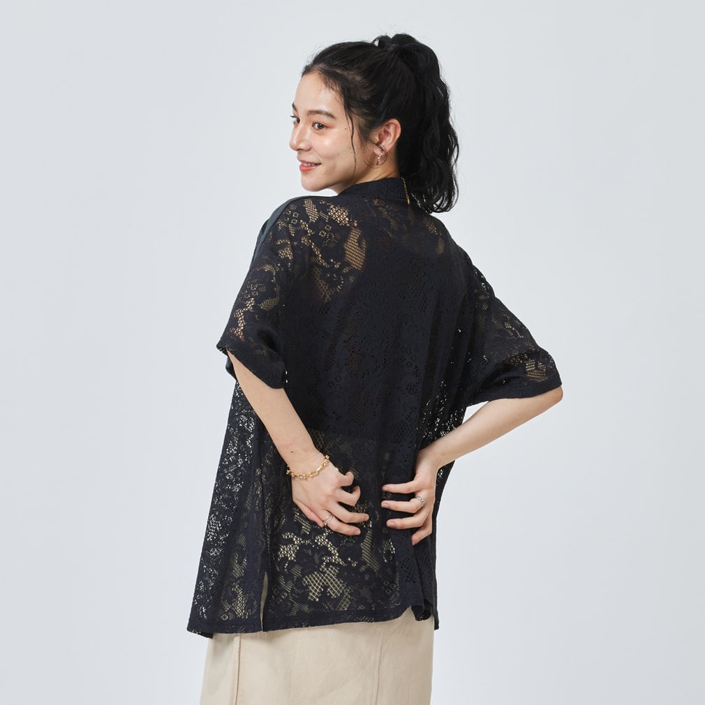 【パドカレ】レーヨンギャザーシャツ ブラック チュールレース 半袖 アディダス レディース PRISM COLLECTION レース半袖シャツ OGP68