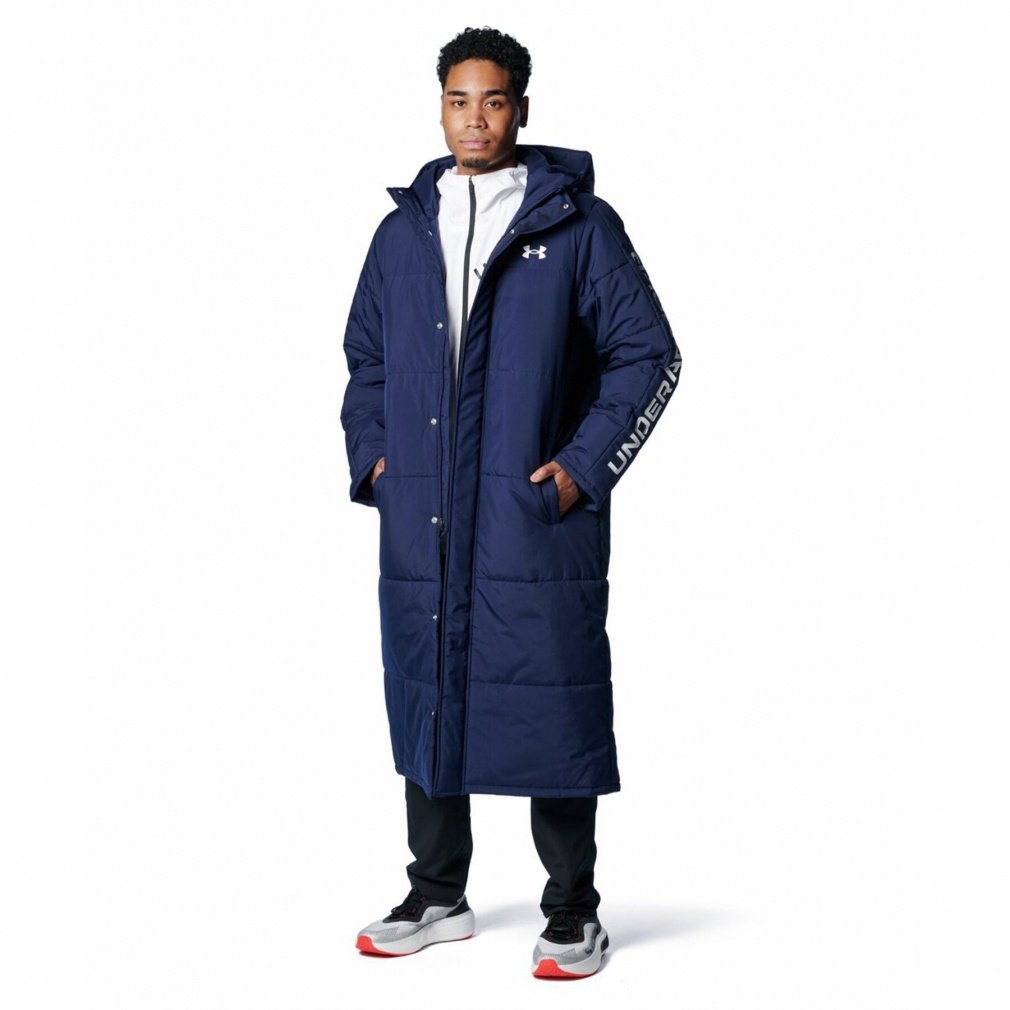 UNDER ARMOR ネイビー フード付きロングコート アンダーアーマー メンズ ベンチコート UAロゴ ロングコート 1388242
